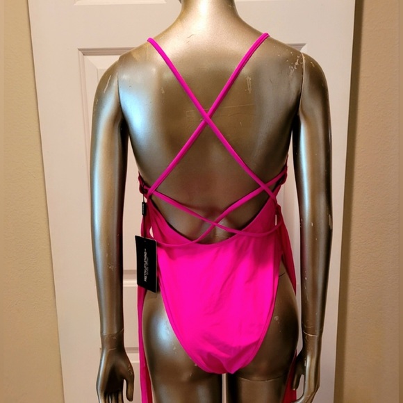 NWT PLT Hot Pink Strappy Tassel Side One Piece Swimsuit Sz 10 - Picture 3 of 6